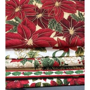 Poinsettia Christmas Fabric Lot Quilting Crafts Sewing Art Project Cotton Prints